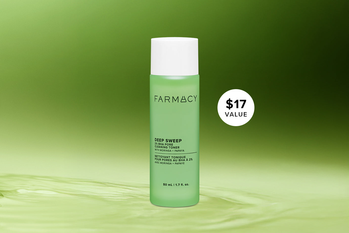 Green bottle of Farmacy Deep Sweep Toner with a white label on a green background