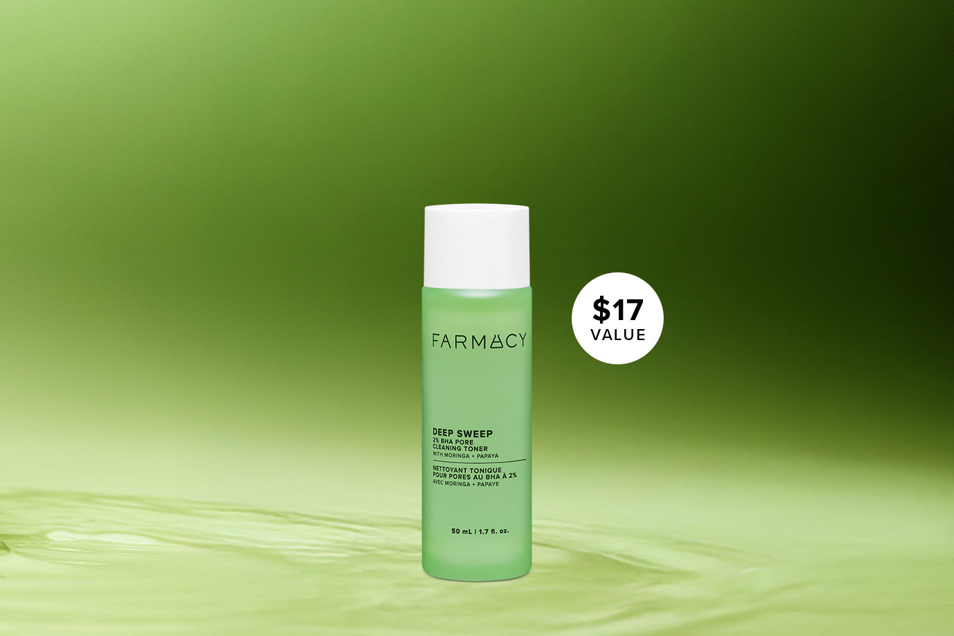 Green bottle of Farmacy Deep Sweep Toner with a white label on a green background