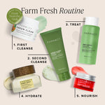 Farmacy skincare products with step-by-step routine on a beige background