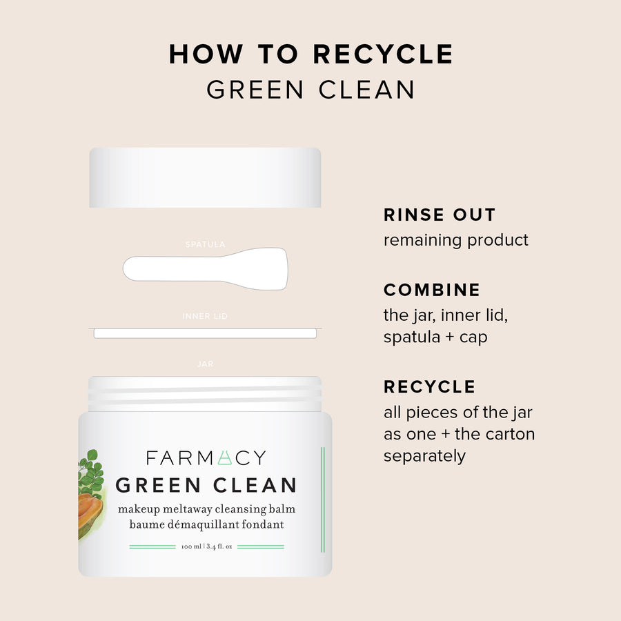Farmacy Green Clean makeup meltaway cleansing balm packaging with recycling instructions on a beige background