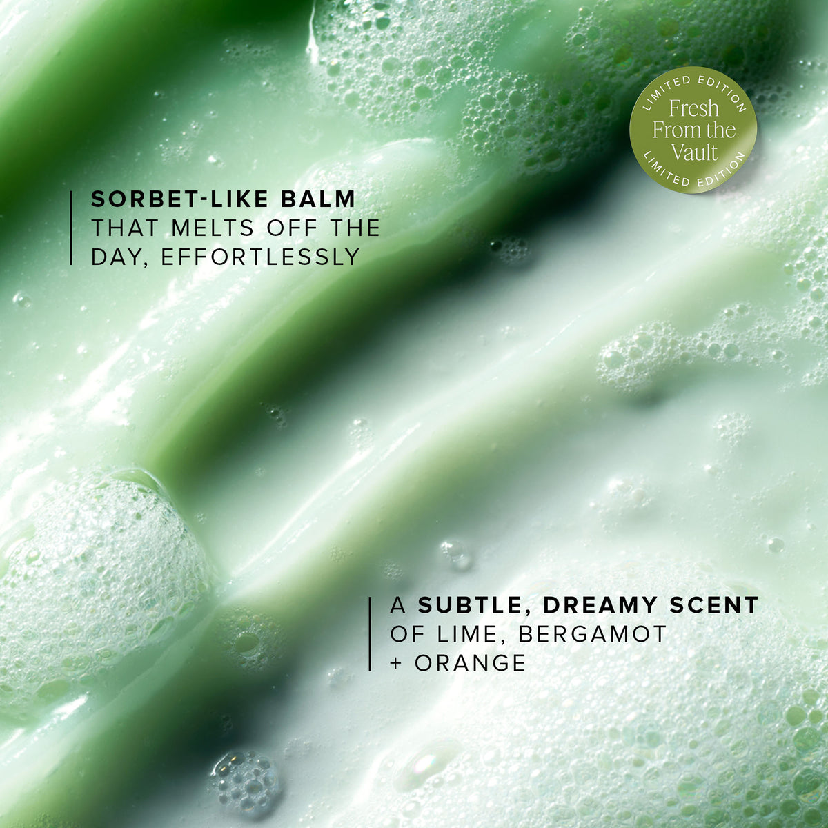 Close-up of a green sorbet-like balm with text describing its properties.