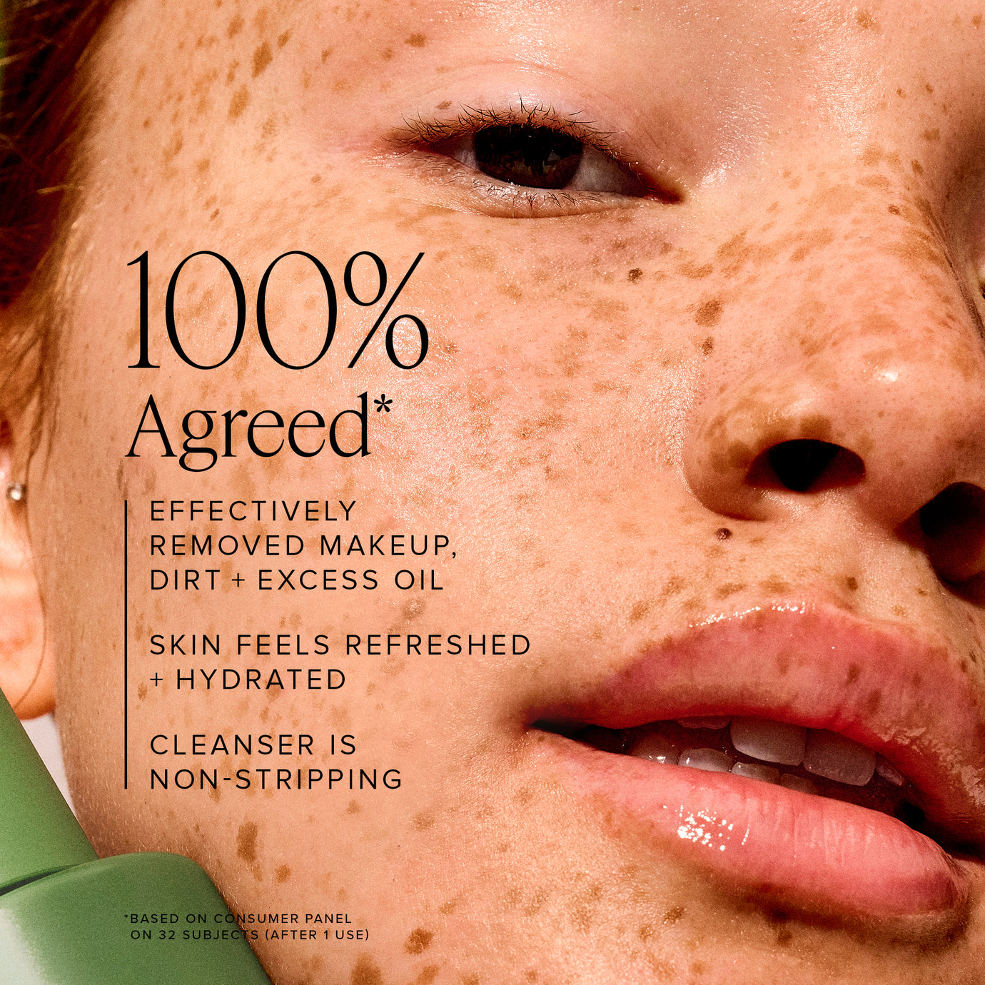 Close-up of a person's face with text about a Green Clean Juicy Gel Cleanser from Farmacy Beauty