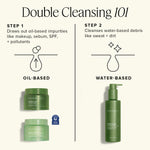 Farmacy skincare products with double cleansing instructions on a white background