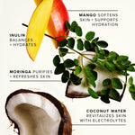 Fruits and coconut with text highlighting their skin benefits on a white background