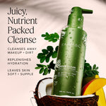 Green skincare product with text about its benefits on a light background