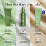 Farmacy Green Clean skincare products with text on skin care benefits and textures.