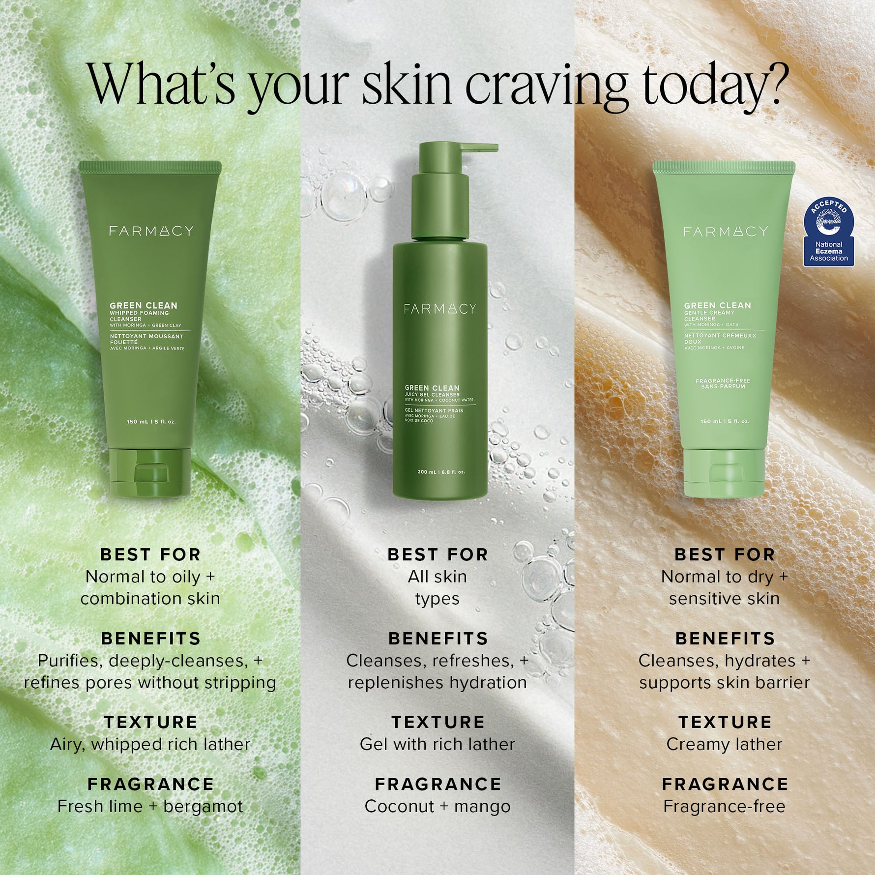 Farmacy Green Clean skincare products with text on skin care benefits and textures.