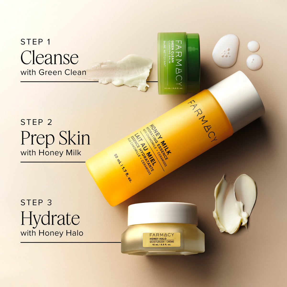 Three-step Farmacy barrier care routine: cleanse with Green Clean Makeup Meltaway Cleansing Balm 15 mL (0.5 fl. oz.), prep with Honey Milk Hydrating Essence 50 mL (1.7 fl. oz.), and hydrate with Honey Halo Ultra-Hydrating Ceramide Moisturizer 15 mL (0.5 fl. oz.)