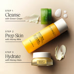 Three-step Farmacy barrier care routine: cleanse with Green Clean Makeup Meltaway Cleansing Balm 15 mL (0.5 fl. oz.), prep with Honey Milk Hydrating Essence 50 mL (1.7 fl. oz.), and hydrate with Honey Halo Ultra-Hydrating Ceramide Moisturizer 15 mL (0.5 fl. oz.)