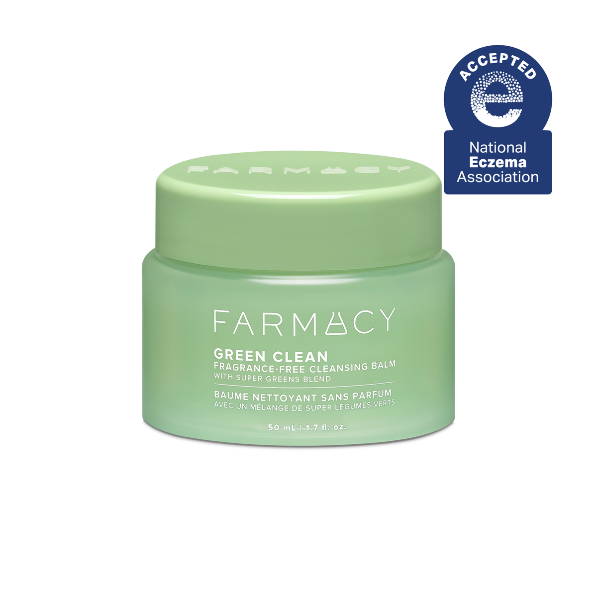 50mL jar of Farmacy Green Clean cleansing balm fragrance-free with National Eczema Association acceptance badge on a white background
