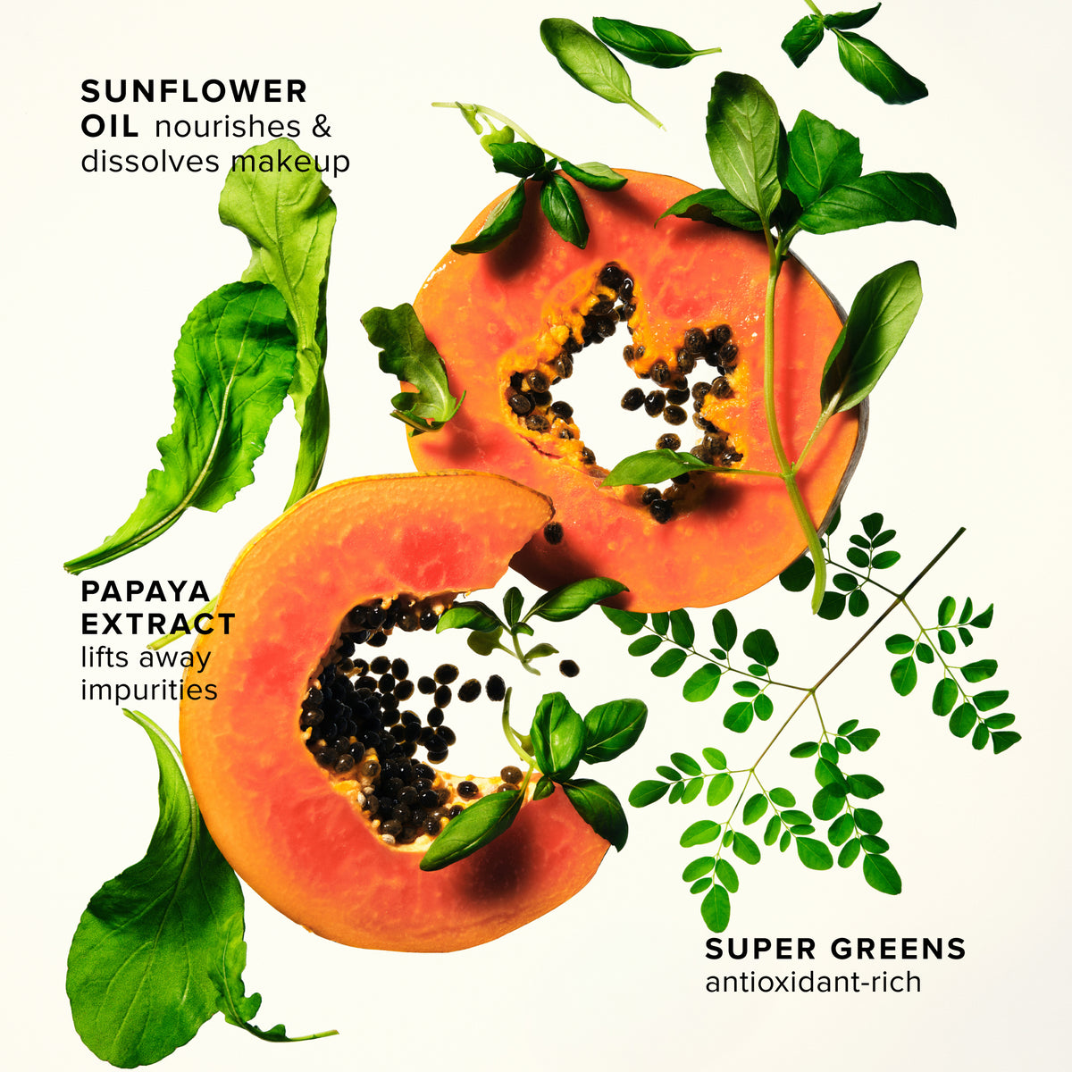 Papaya, sunflower leaves, and super greens illustrating Green Clean ingredients: papaya extract to cleanse, sunflower oil to nourish, and antioxidant-rich super greens blend