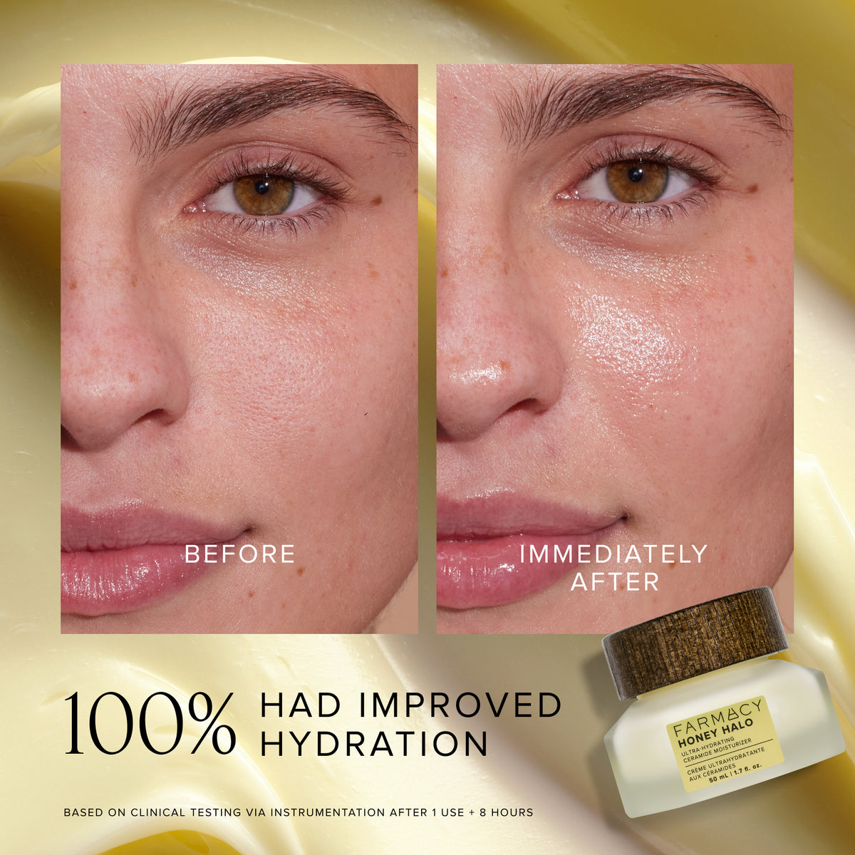 Before and after comparison of a person's skin with improved hydration, featuring Farmacy Honey Halo product.