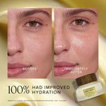 Before and after comparison of a person's skin with improved hydration, featuring Farmacy Honey Halo product.