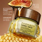 Stylish image of Farmacy Honey Halo ultra-hydrating ceramide moisturizer jar with honey dripping on top and a fresh fig on the cover of the jar, set against a warm brown background with text highlighting buckwheat honey and ceramides.