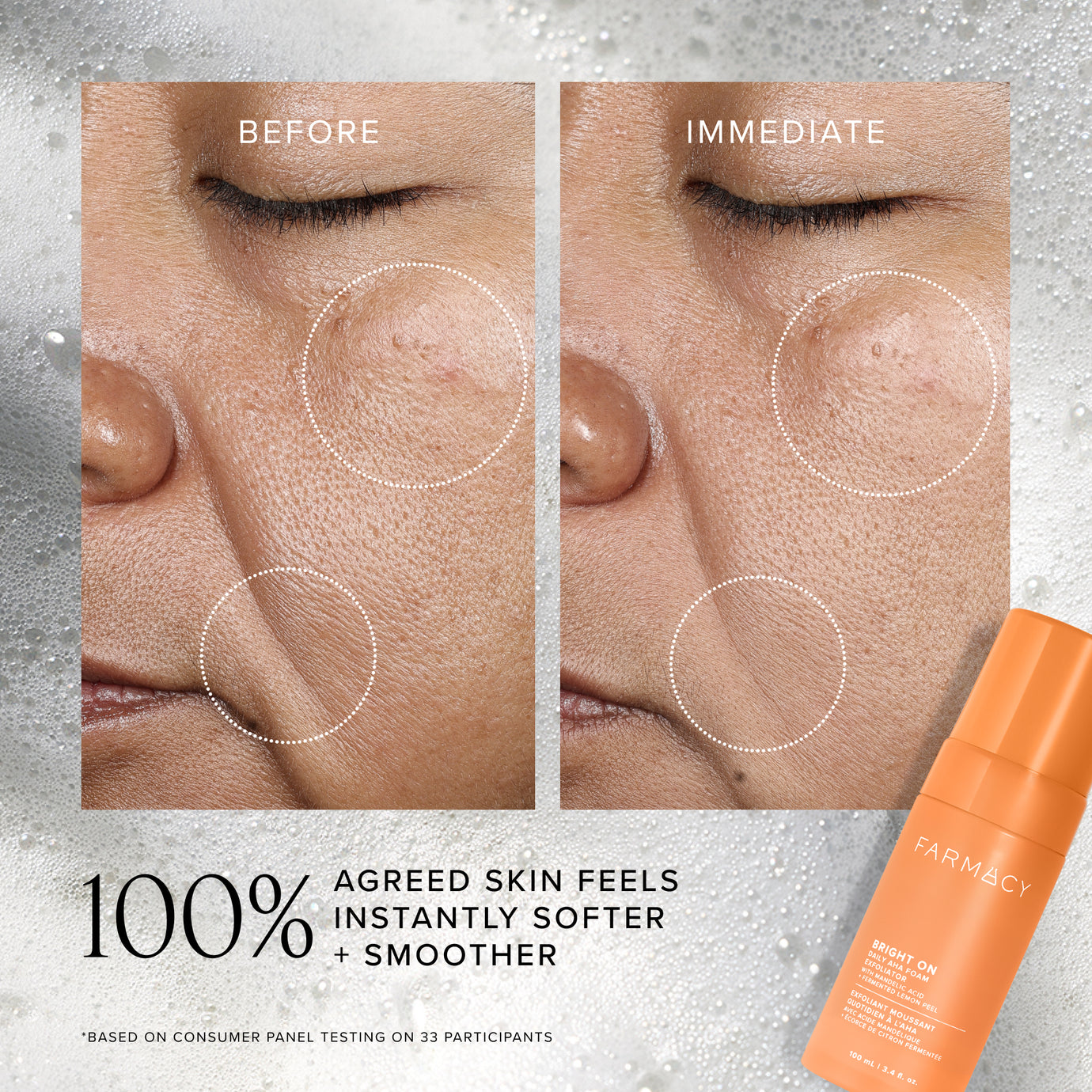 Before and after comparison of skin texture with a Farmacy product on a gray background