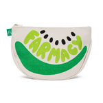 Off-white canvas pouch with 'FARMACY' written in green on a white background