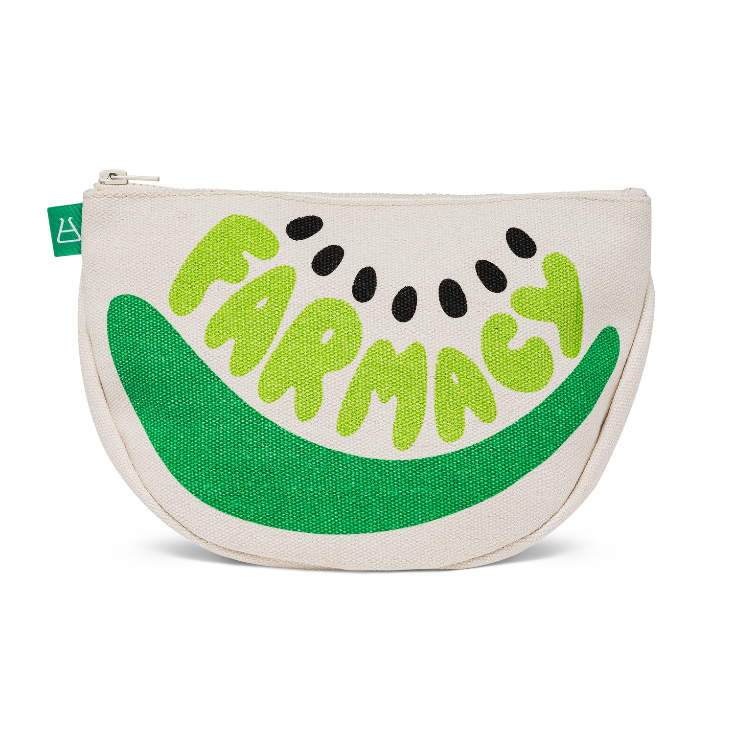 Off-white canvas pouch with 'FARMACY' written in green on a white background