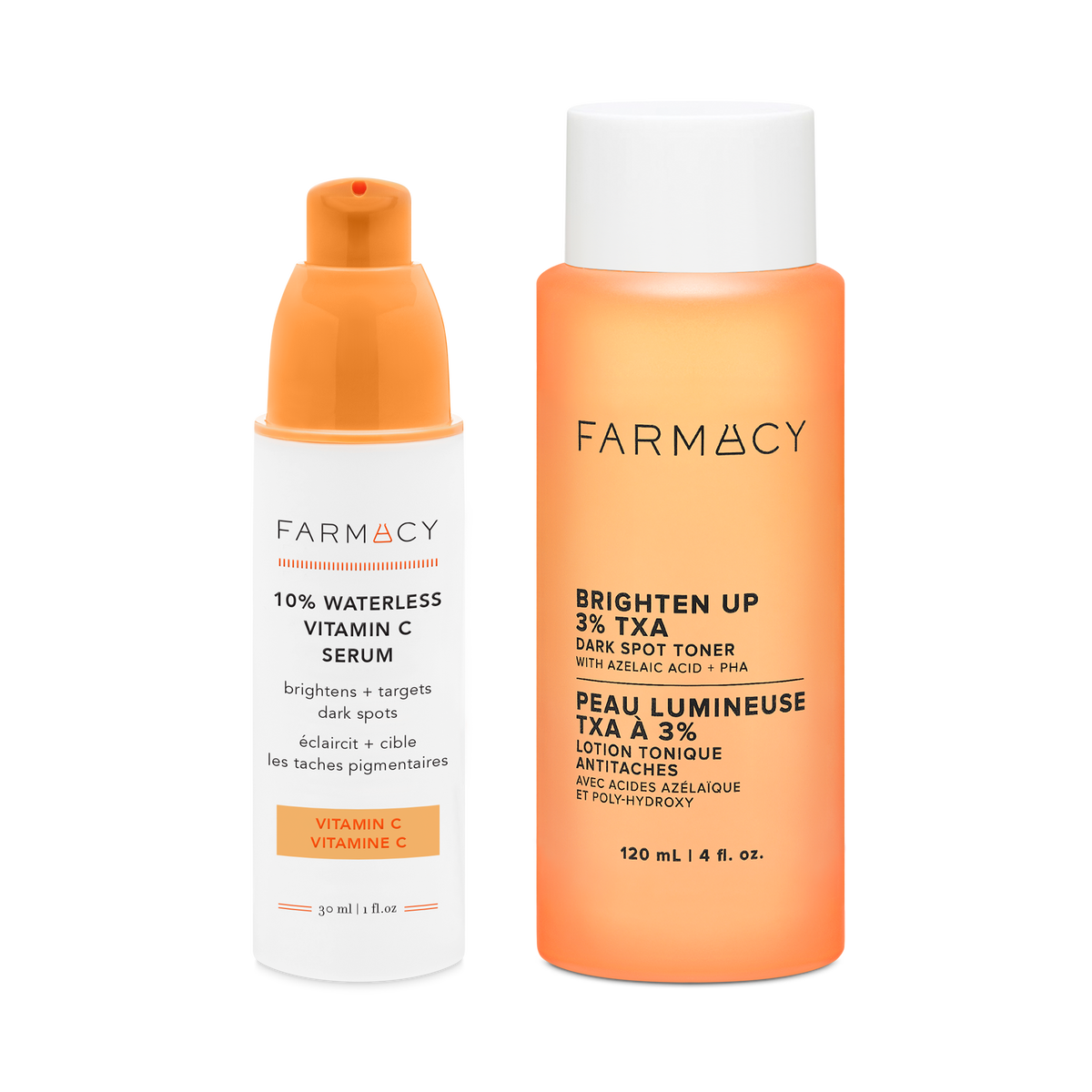 Farmacy Bright Days Ahead Duo featuring 10% Vitamin C Serum 30 mL and Brighten Up TXA Toner 120 mL on a white background