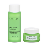 Farmacy Clean Complexion Duo featuring Deep Sweep Toner 120 mL and Daily Greens Moisturizer 50 mL on a white background