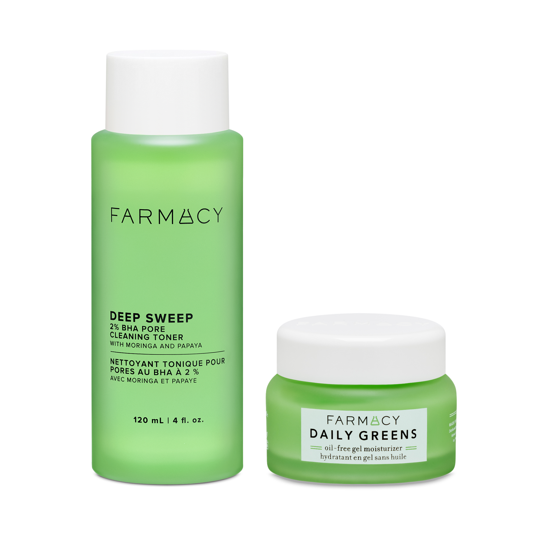 Farmacy Clean Complexion Duo featuring Deep Sweep Toner 120 mL and Daily Greens Moisturizer 50 mL on a white background