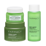 Farmacy Clean Up Crew Kit featuring Daily Greens Moisturizer 50 mL, Green Clean Cleansing Balm 100 mL and Deep Sweep Toner 120 mL on a white background