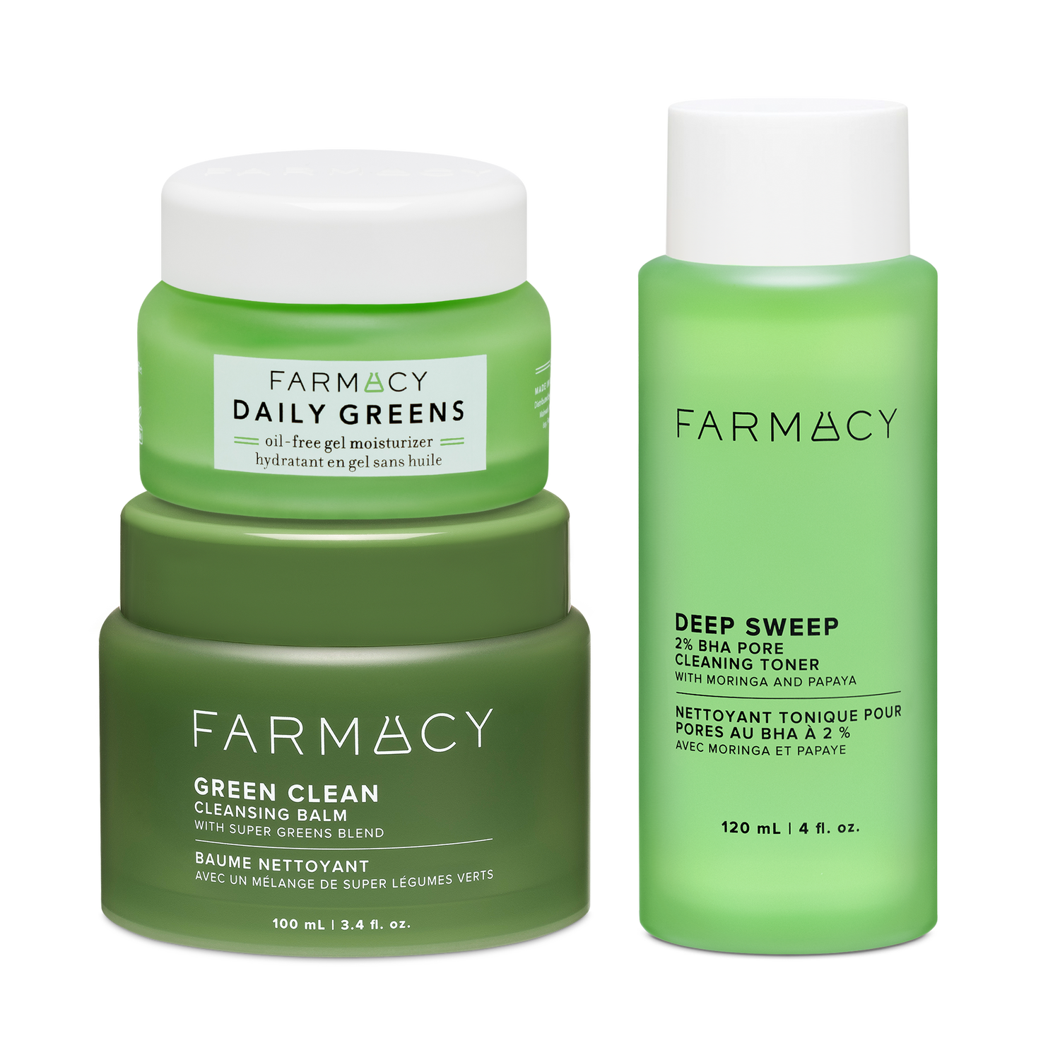 Farmacy Clean Up Crew Kit featuring Daily Greens Moisturizer 50 mL, Green Clean Cleansing Balm 100 mL and Deep Sweep Toner 120 mL on a white background