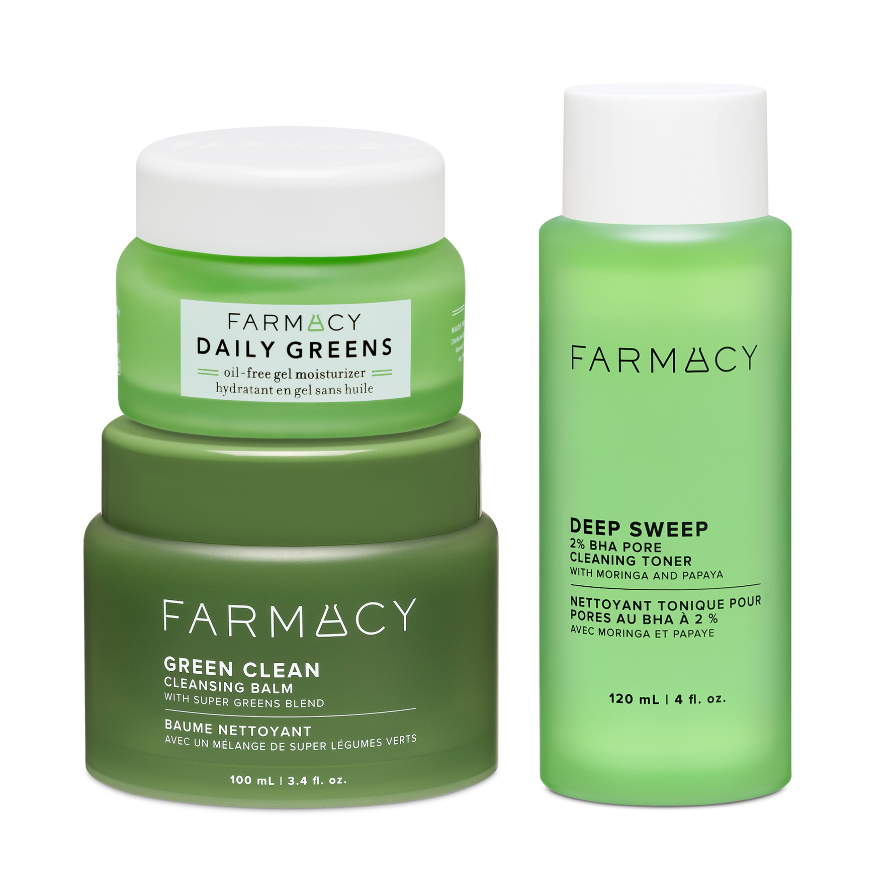 Farmacy Clean Up Crew Kit featuring Daily Greens Moisturizer 50 mL, Green Clean Cleansing Balm 100 mL and Deep Sweep Toner 120 mL on a white background