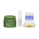 Farmacy Glow Tomorrow Kit featuring Green Clean 30 mL, Filling Good Serum 5 mL, 10% Niacinamide Night Mask 9 mL and Honey Halo Moisturizer 15 mL on a white background