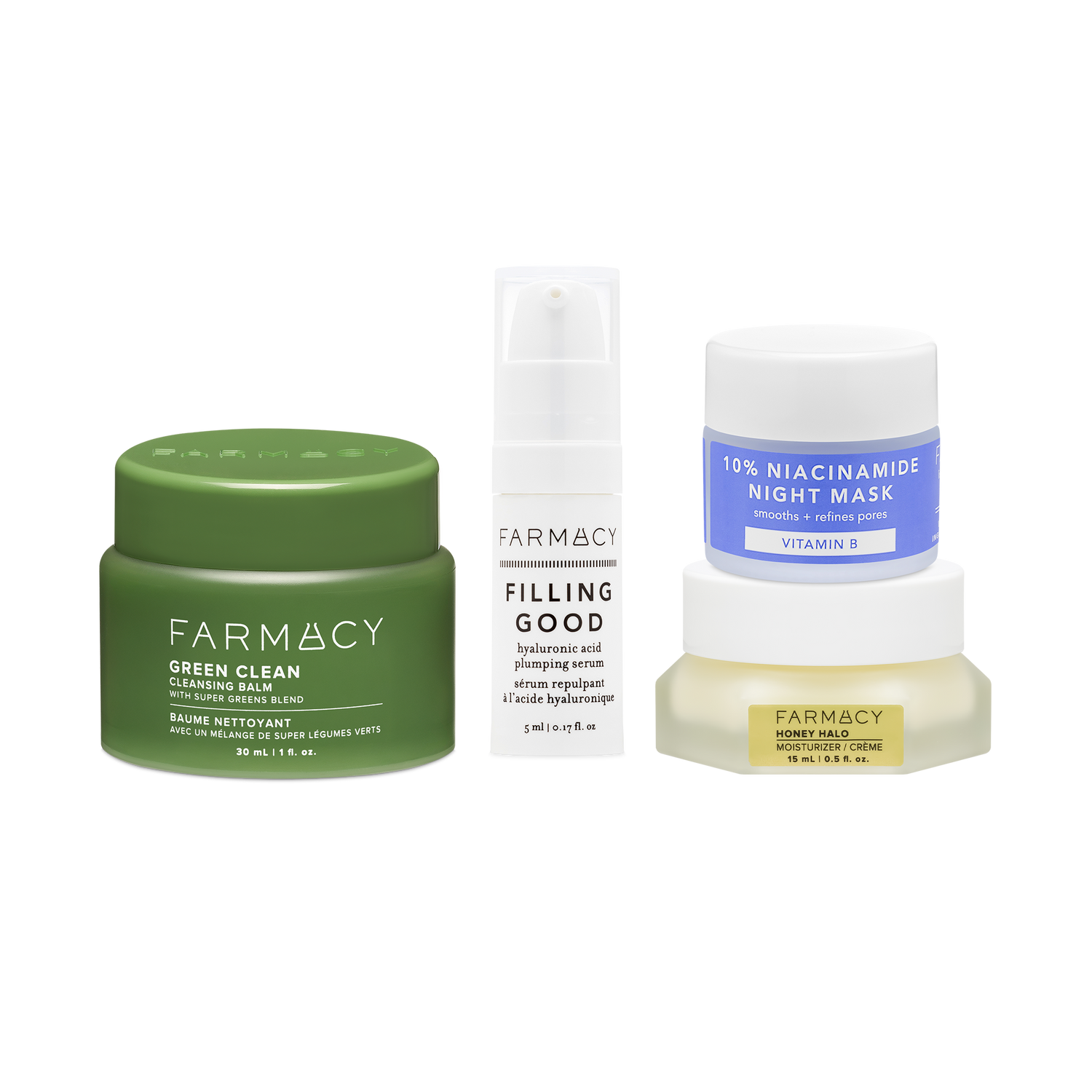 Farmacy Glow Tomorrow Kit featuring Green Clean 30 mL, Filling Good Serum 5 mL, 10% Niacinamide Night Mask 9 mL and Honey Halo Moisturizer 15 mL on a white background