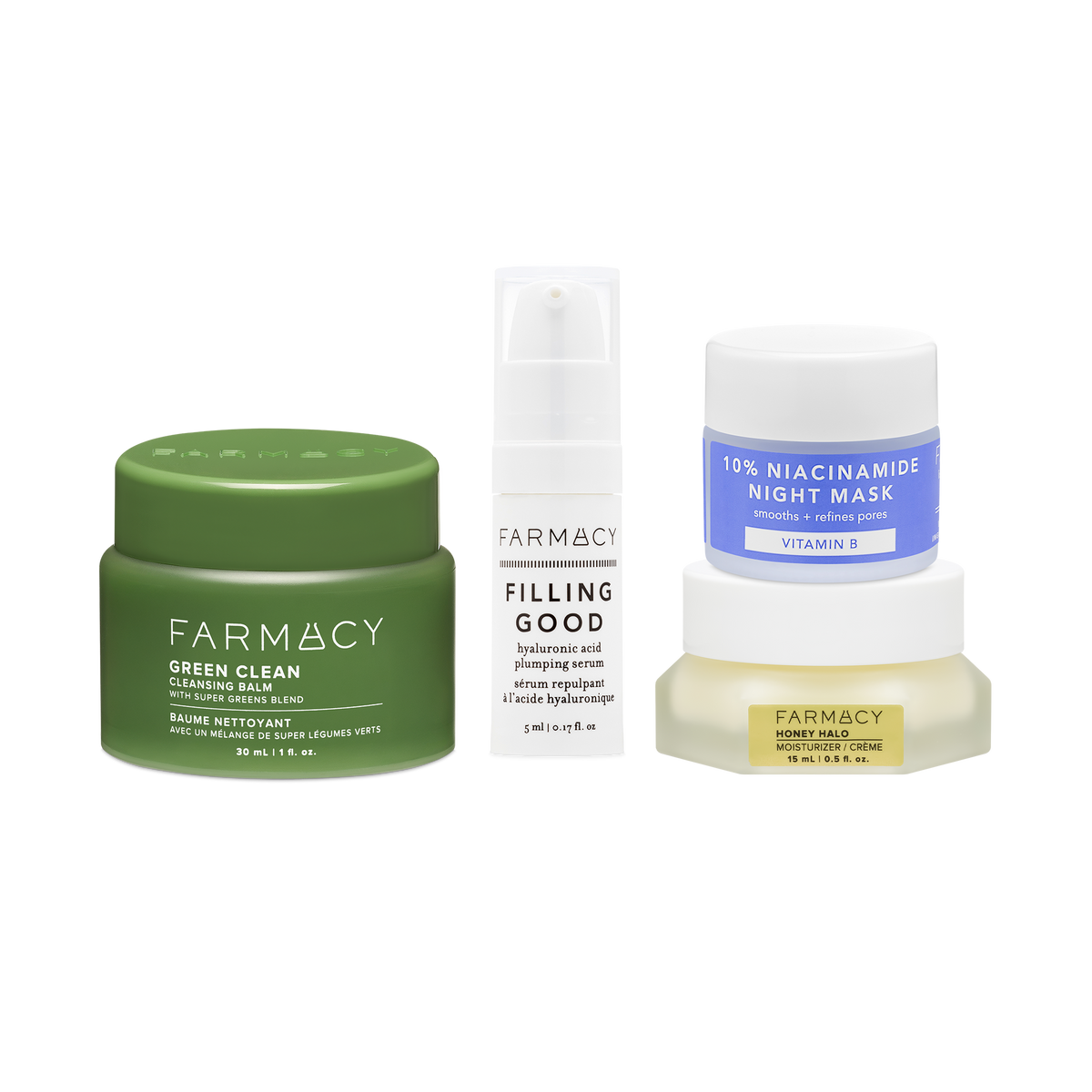 Farmacy Glow Tomorrow Kit featuring Green Clean 30 mL, Filling Good Serum 5 mL, 10% Niacinamide Night Mask 9 mL and Honey Halo Moisturizer 15 mL on a white background