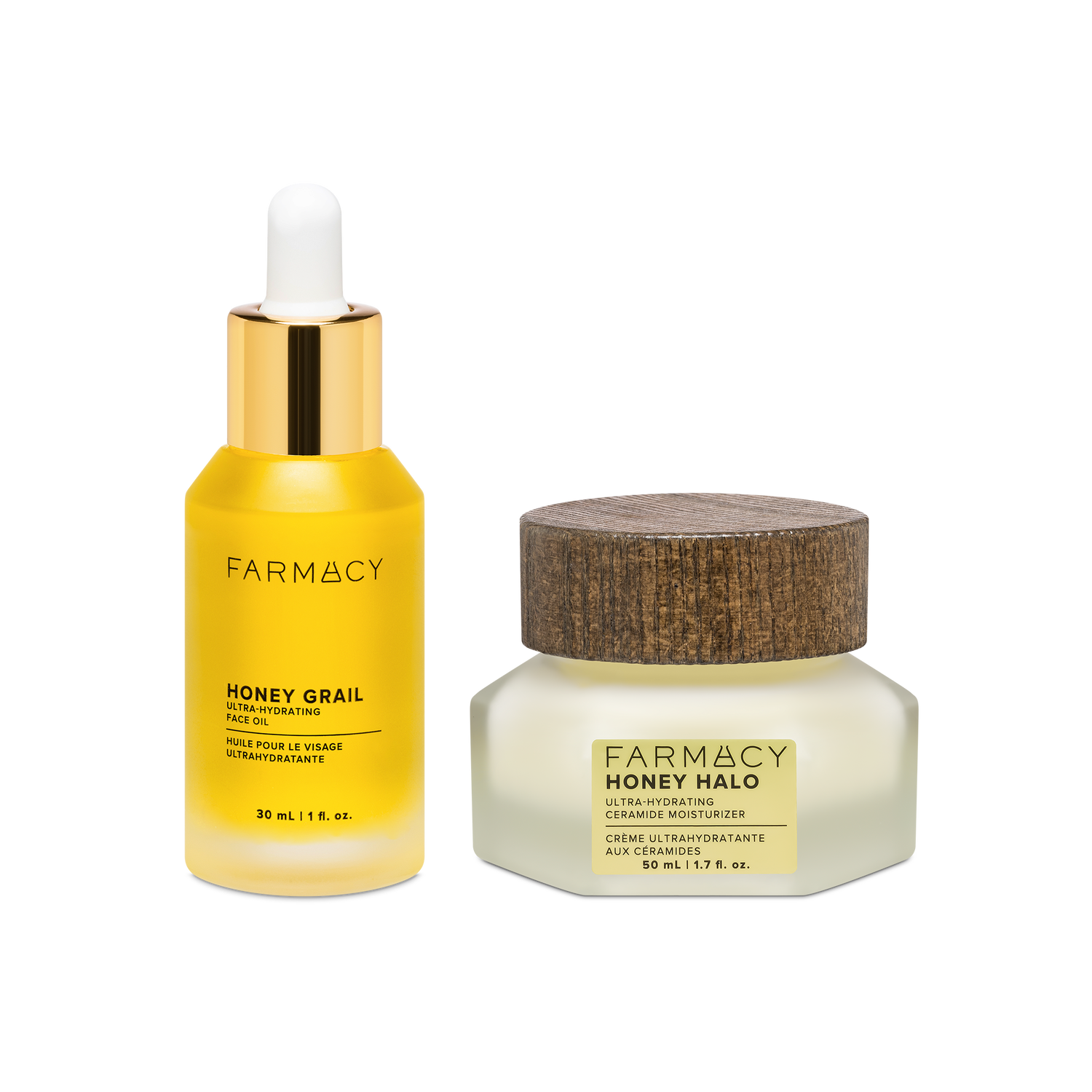 Farmacy Honey Dew-O Duo featuring Honey Grail 30 mL and Honey Halo Moisturizer 50 mL on a white background