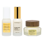 Farmacy Honey Glow Trio featuring Honey Glow Serum 30 mL, Filling Good Serum 30 mL and Honey Halo Moisturizer 50 mL on a white background