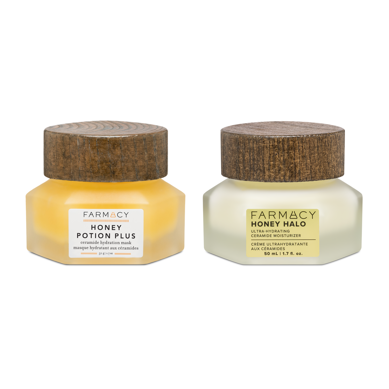 Farmacy Honey Skin Duo featuring Honey Potion Plus Mask 50 g and Honey Halo Moisturizer 50 mL on a white background