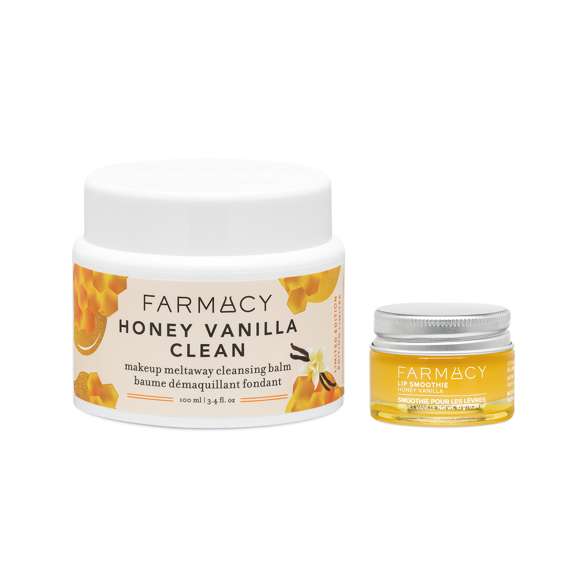 Farmacy Honey Vanilla Duo featuring Honey Vanilla Green Clean 100 mL and Honey Vanilla Lip Smoothie 10 g on a white background