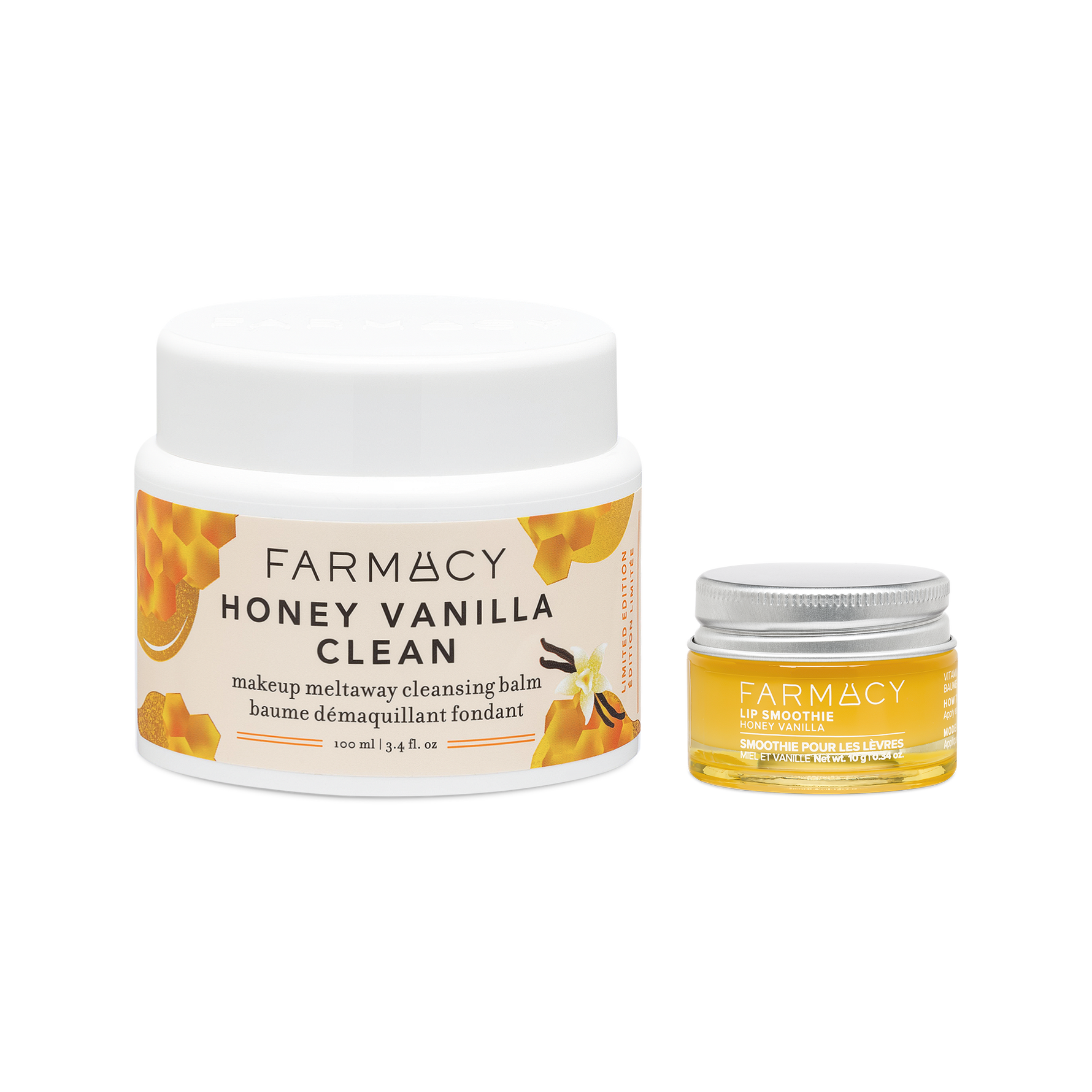 Farmacy Honey Vanilla Duo featuring Honey Vanilla Green Clean 100 mL and Honey Vanilla Lip Smoothie 10 g on a white background