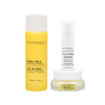 Farmacy Hydration Essentials Trio featuring Honey Milk Essence 50 mL, Honey Halo Moisturizer 15 mL and Filling Good Serum 5 mL on a white background