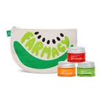 Farmacy Juicy Lip Trio featuring Apple Lip Smoothie 10 g, Mango Lip Smoothie 10 g, Pear Kiwi Lip Smoothie 10 g and a canvas pouch with the word 'FARMACY' in printed in green, on a white background