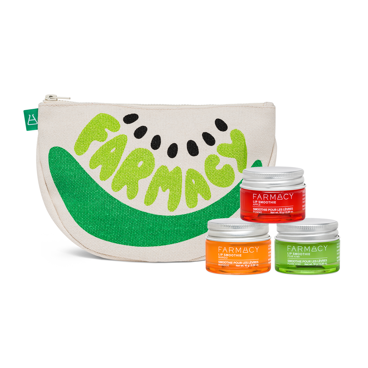 Farmacy Juicy Lip Trio featuring Apple Lip Smoothie 10 g, Mango Lip Smoothie 10 g, Pear Kiwi Lip Smoothie 10 g and a canvas pouch with the word 'FARMACY' in printed in green, on a white background
