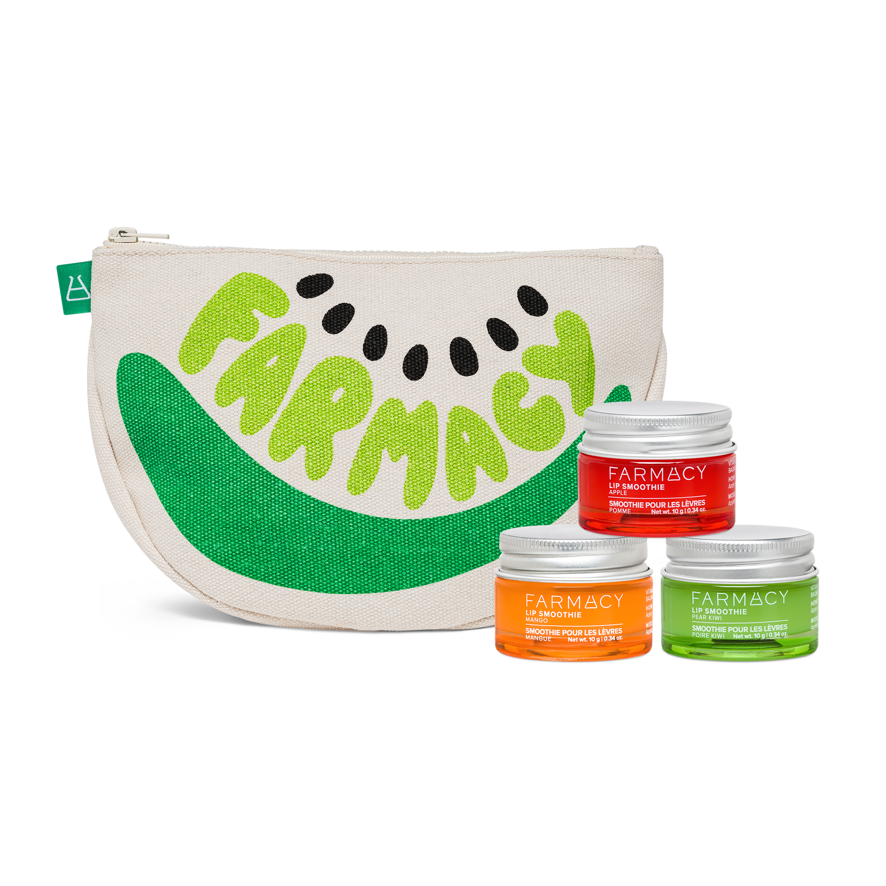 Farmacy Juicy Lip Trio featuring Apple Lip Smoothie 10 g, Mango Lip Smoothie 10 g, Pear Kiwi Lip Smoothie 10 g and a canvas pouch with the word 'FARMACY' in printed in green, on a white background