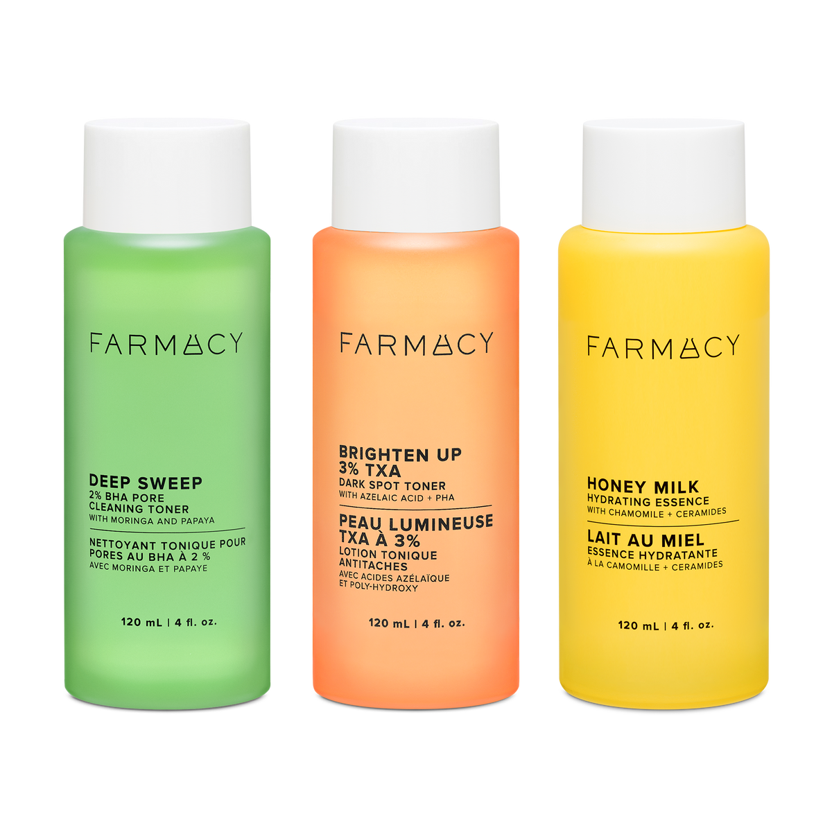 Farmacy Liquid Glow Trio featuring Deep Sweep Toner 120 mL, Brighten Up TXA Toner 120 mL and Honey Milk Essence 120 mL on a white background