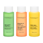 Farmacy Liquid Glow Trio featuring Deep Sweep Toner 120 mL, Brighten Up TXA Toner 120 mL and Honey Milk Essence 120 mL on a white background