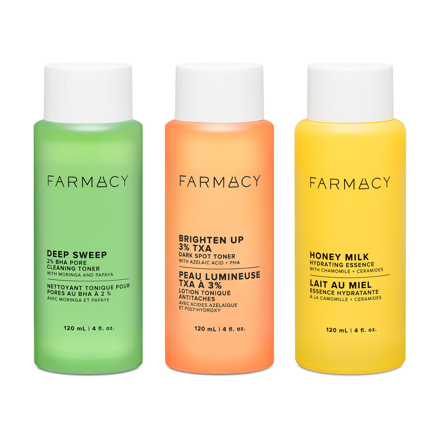 Farmacy Liquid Glow Trio featuring Deep Sweep Toner 120 mL, Brighten Up TXA Toner 120 mL and Honey Milk Essence 120 mL on a white background
