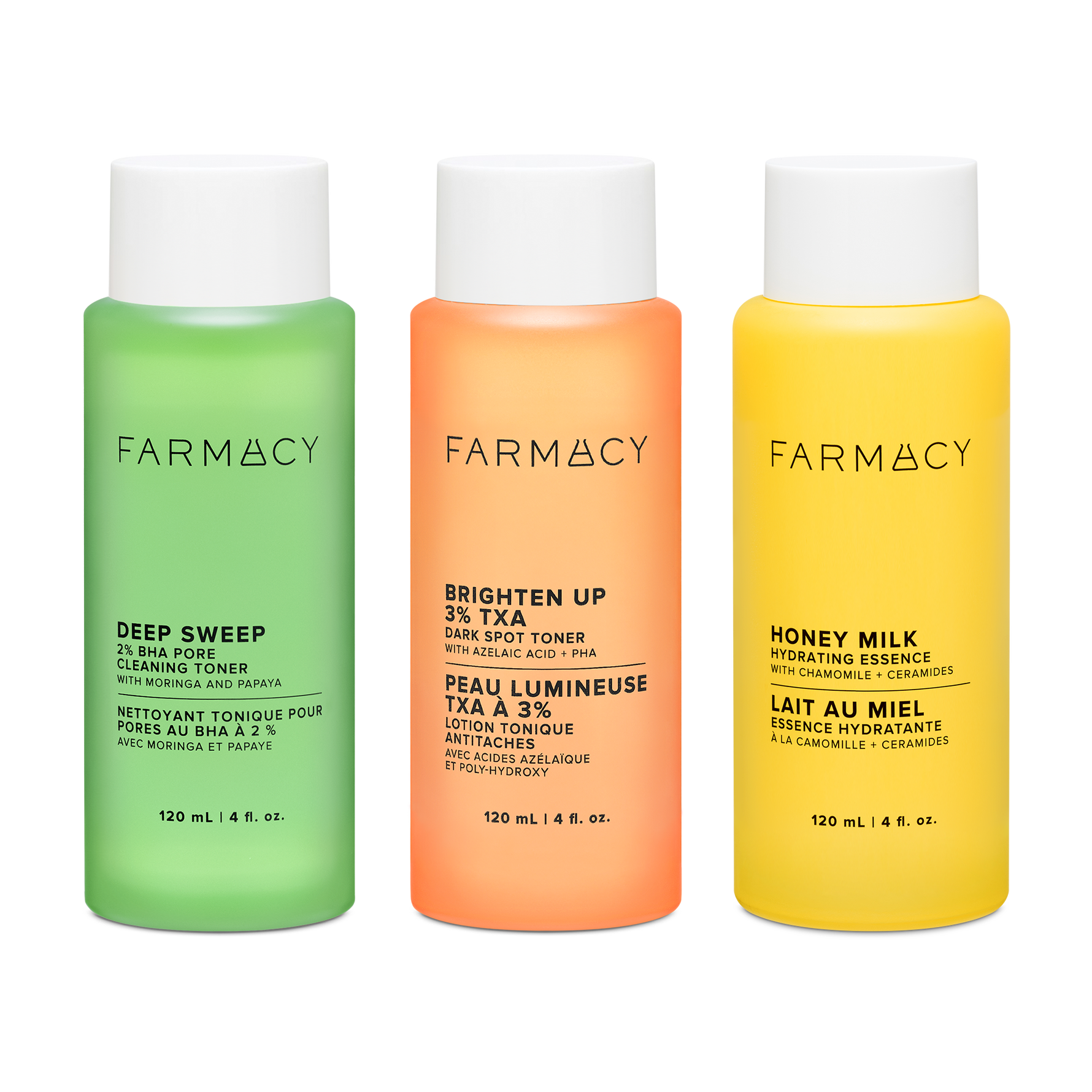 Farmacy Liquid Glow Trio featuring Deep Sweep Toner 120 mL, Brighten Up TXA Toner 120 mL and Honey Milk Essence 120 mL on a white background
