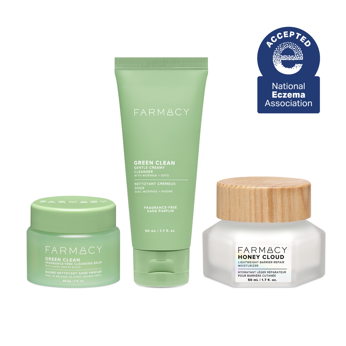 Farmacy Melt and Glow Fragrance-Free Trio featuring Green Clean Fragrance-Free 30 mL, Gentle Creamy Cleanser 50 mL and Honey Cloud Moisturizer 50 mL on a white background. A blue National Eczema Association Accepted badge is featured in the top right.