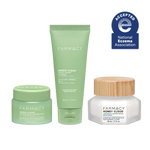 Farmacy Melt and Glow Fragrance-Free Trio featuring Green Clean Fragrance-Free 30 mL, Gentle Creamy Cleanser 50 mL and Honey Cloud Moisturizer 50 mL on a white background. A blue National Eczema Association Accepted badge is featured in the top right.