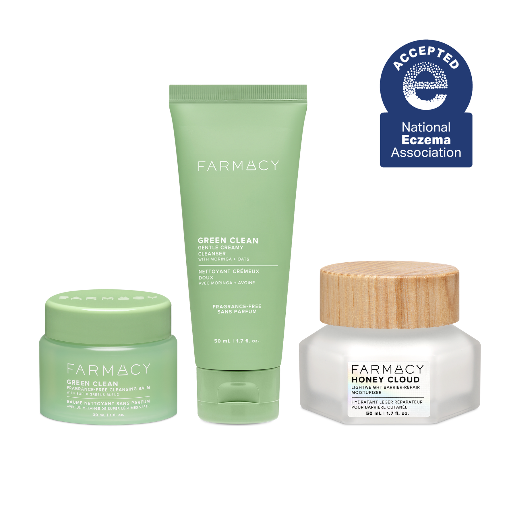 Farmacy Melt and Glow Fragrance-Free Trio featuring Green Clean Fragrance-Free 30 mL, Gentle Creamy Cleanser 50 mL and Honey Cloud Moisturizer 50 mL on a white background. A blue National Eczema Association Accepted badge is featured in the top right.