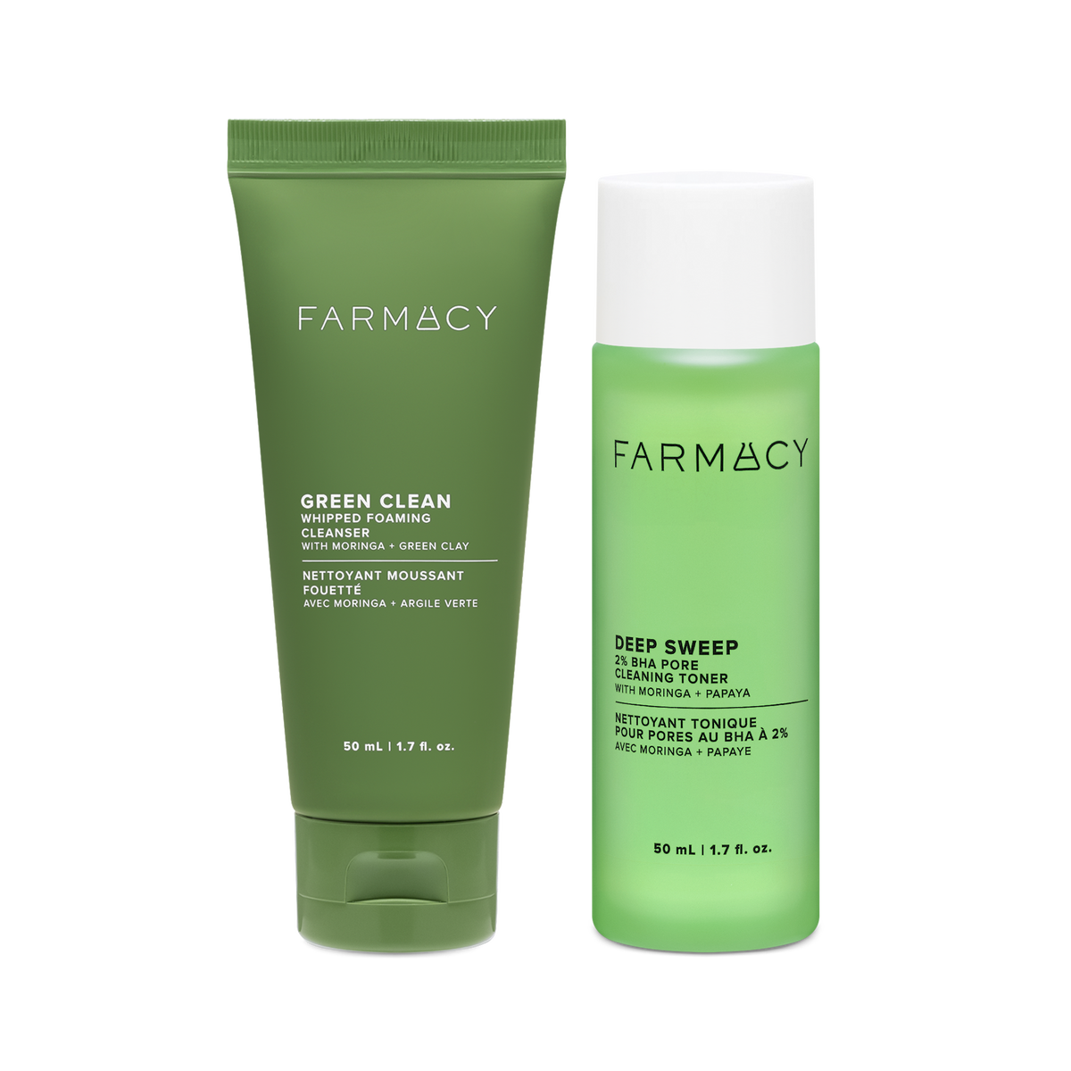 Farmacy Pore-Cleansing Duo featuring Whipped Foaming Cleanser 50 mL and Deep Sweep Toner 50 mL on a white background