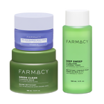 Farmacy Pore-Fect Trio featuring Niacinamide Night Mask 50 mL, Deep Sweep Toner 120 mL and Green Clean Cleansing Balm 100 mL on a white background