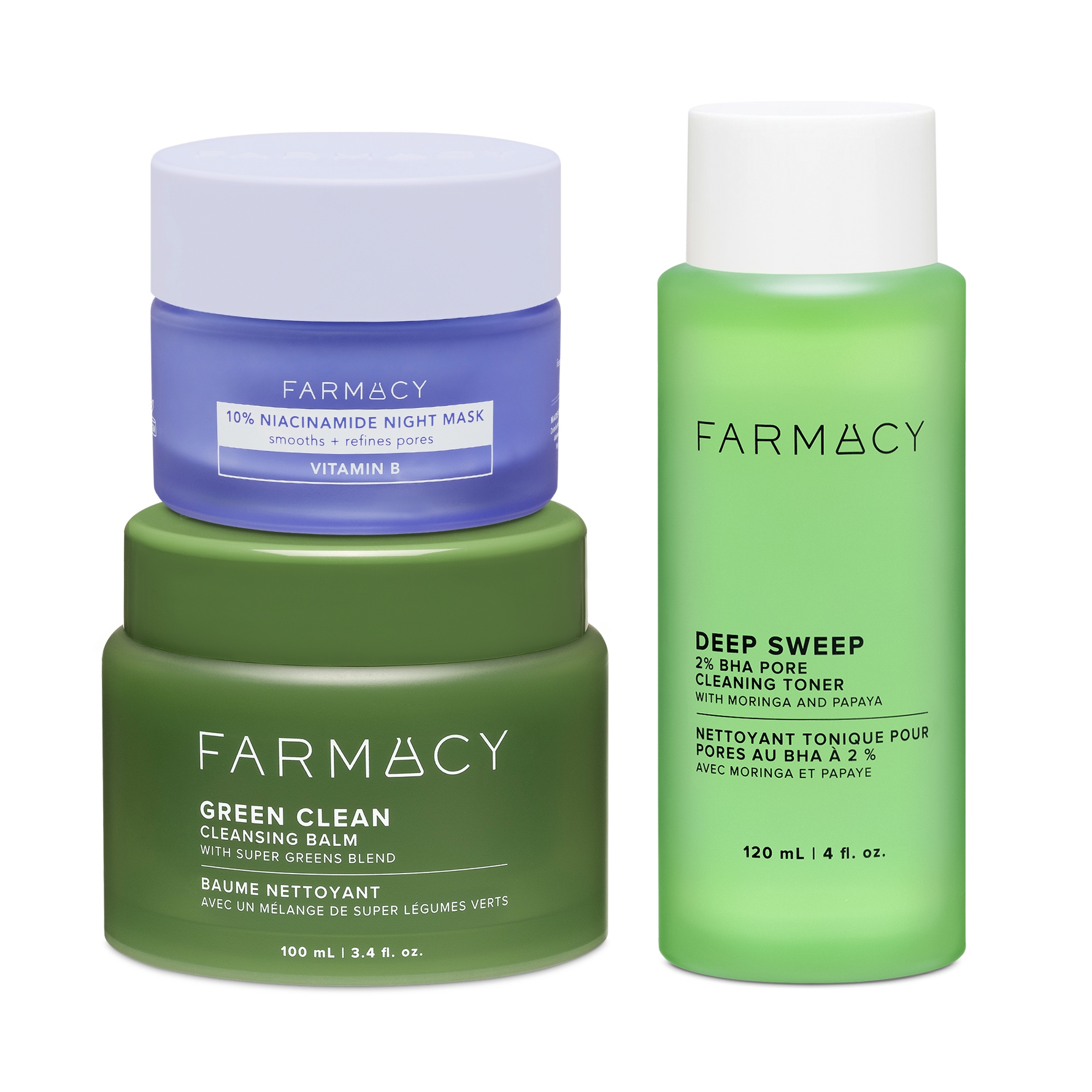 Farmacy Pore-Fect Trio featuring Niacinamide Night Mask 50 mL, Deep Sweep Toner 120 mL and Green Clean Cleansing Balm 100 mL on a white background