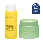 Farmacy Sensitive Skin Duo featuring Honey Milk Essence 120 mL and Green Clean Fragrance-Free 100 mL on a white background. A blue National Eczema Association Acceptance badge is featured in the top right.